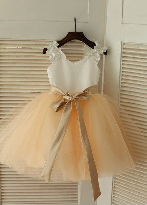 Ivory Satin Champagne Tulle Ruffle Straps Flower Girl Dress